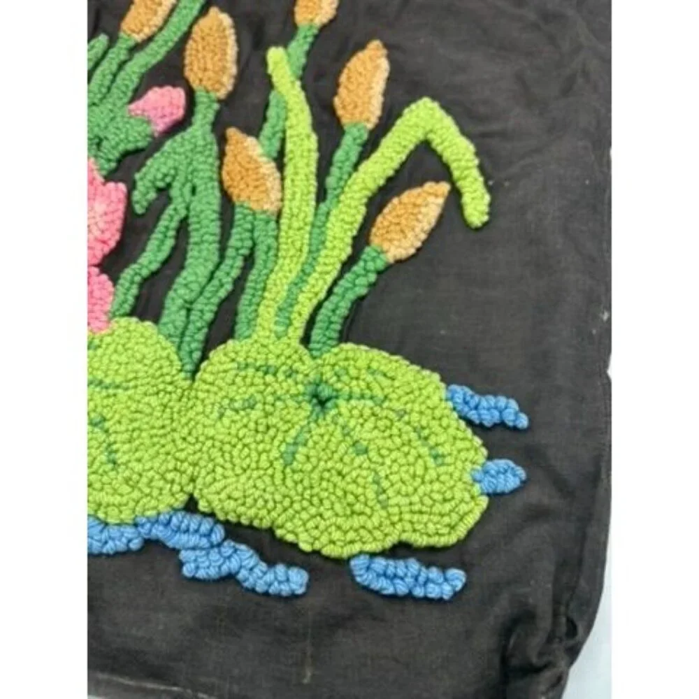 Vtg 2 Pc Handmade Punched Black Pillow Covers Colorful Floral